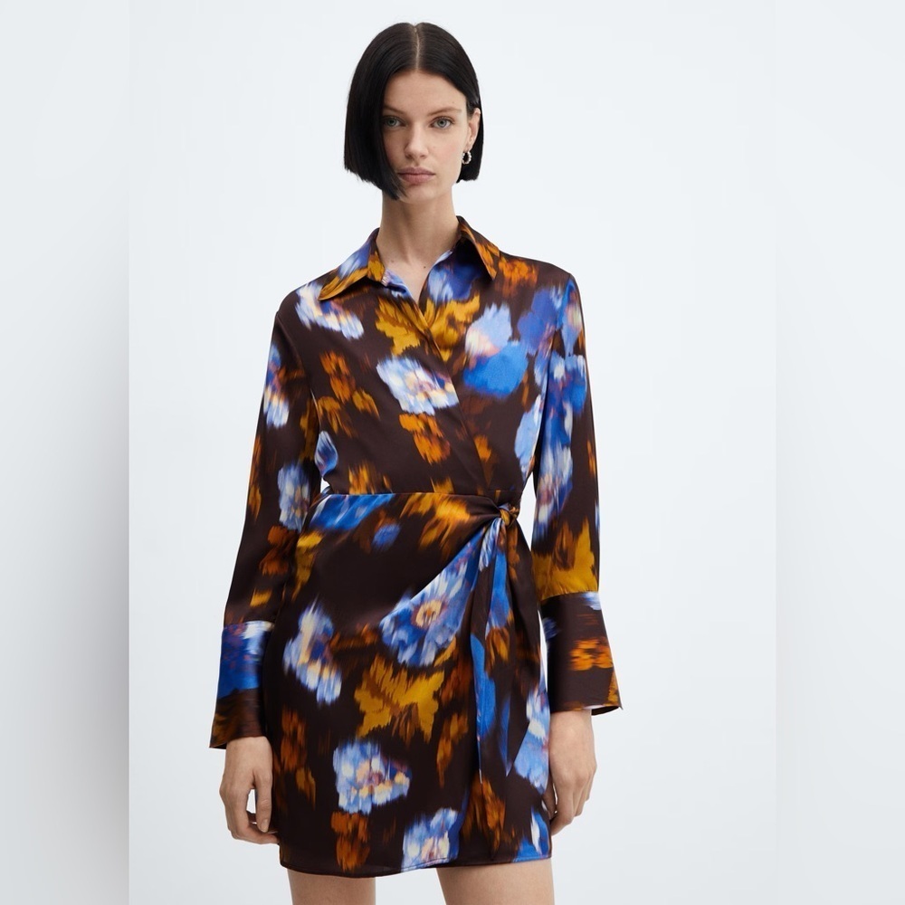 Mango Brown printed satin dress NWT